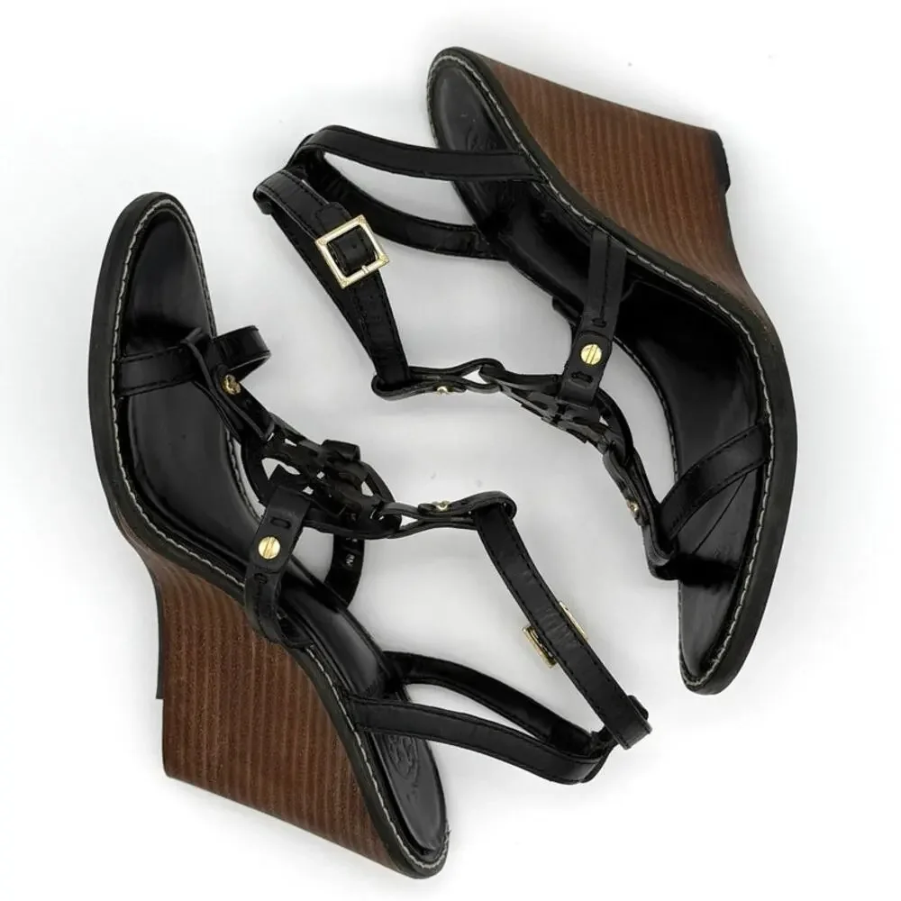Tory Burch Leather Wedge Sandals Black Cutout Gold Studs Size 8M Summer Resort